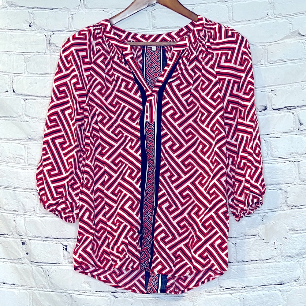 Crown & Ivy Red White Blue Long Sleeve Blouse Size Small Excellent Condition